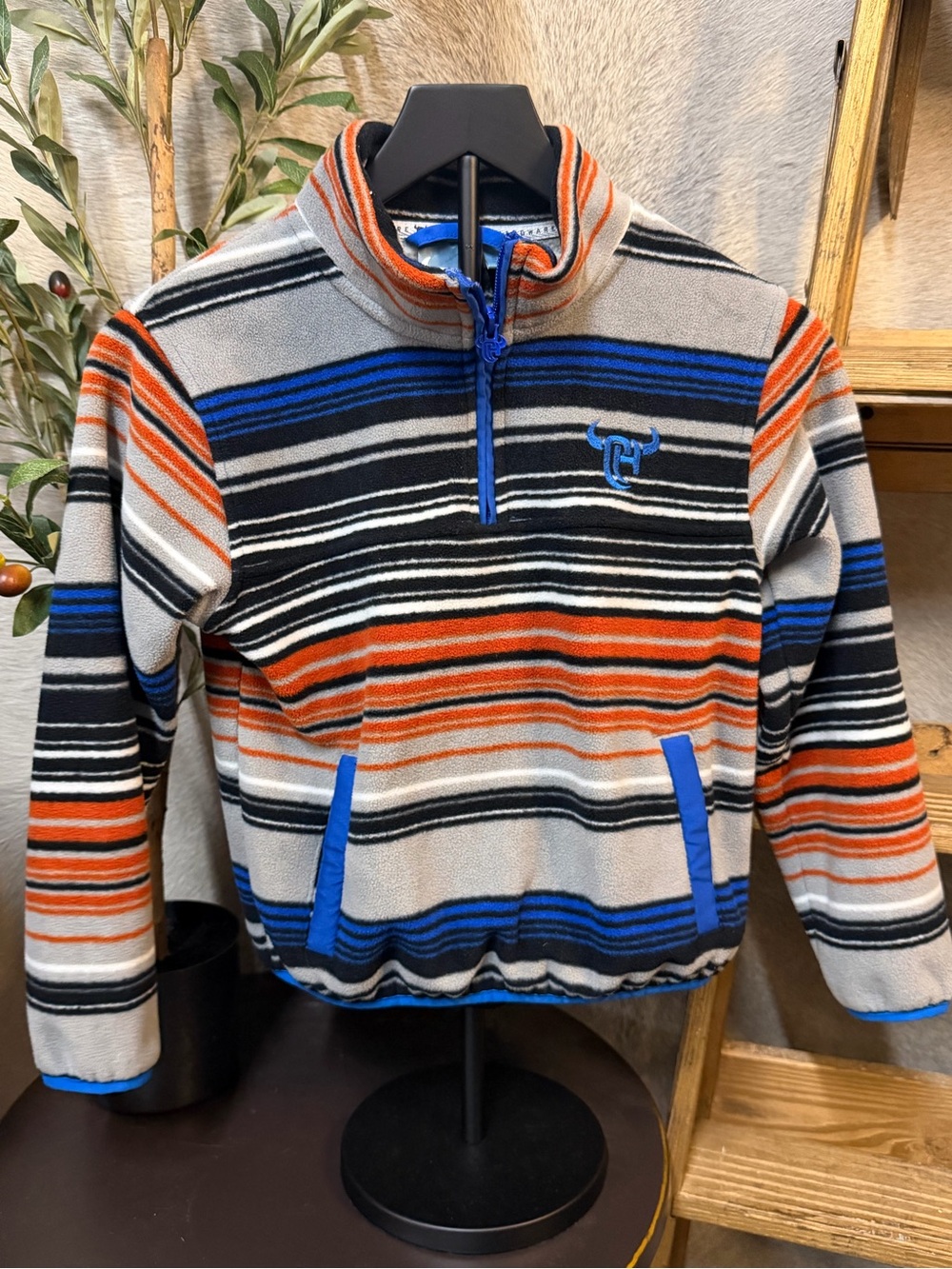 Cowboy Hardware Striped Half-Zip Fleece Pullover - Orange, Blue, Gray size 6 boy